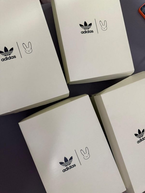 Adidas Bad Bunny collaboration shoebox packaging displayed in bulk