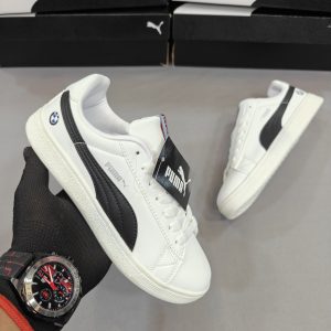 Premium quality Puma BMW MMS Court White Black first copy shoes with white leather, black formstrip, and BMW logo, available with cash on delivery from Martify