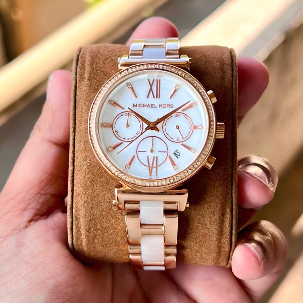 Michael Kors Sofie Collection First Copy Watch rose gold white dial pink acetate bracelet diamond-set bezel