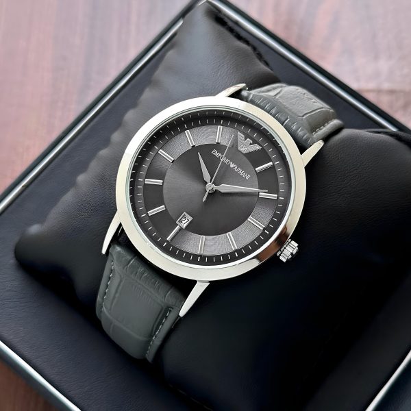 Emporio Armani Renato AR2429 First Copy Watch black dial silver case grey leather strap premium box