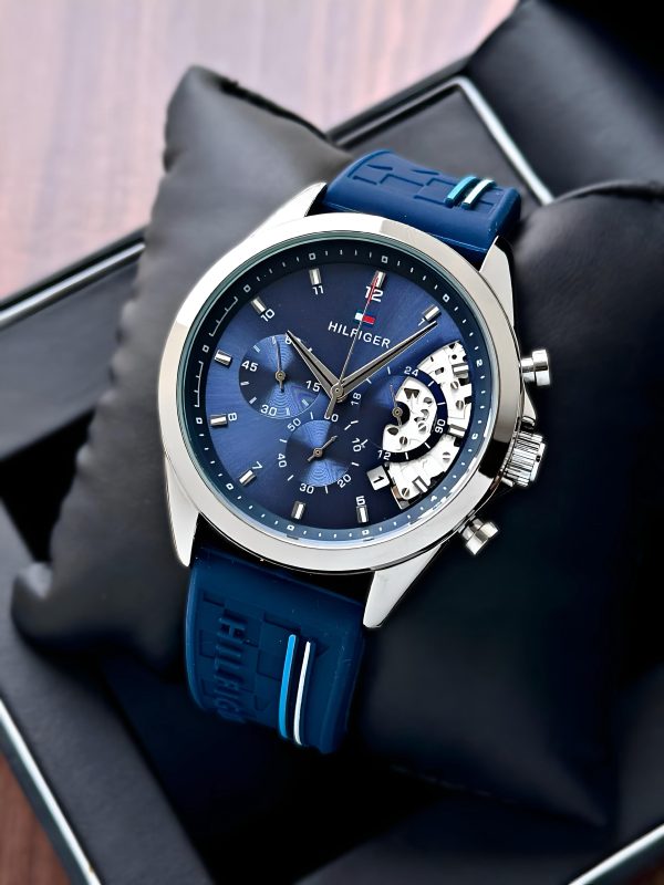 Tommy Hilfiger Casual Blue Chronograph Series First Copy Watch sporty skeleton dial blue silicon strap