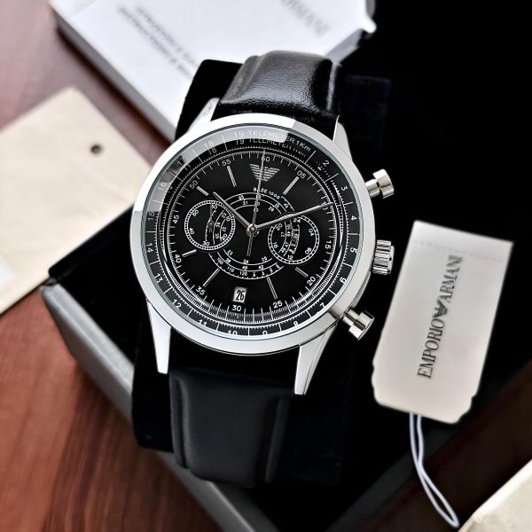 Emporio Armani Minimalist Chronograph AR11634 First Copy Watch black dial silver case leather strap box
