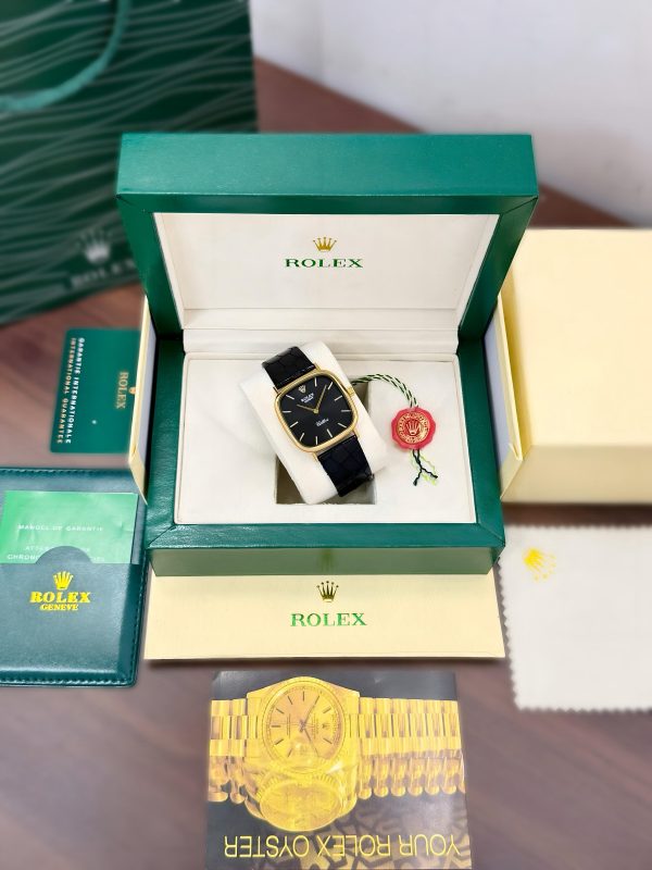 Rolex Cellini Square Black-Gold First Copy Watch gold case black dial leather strap premium box