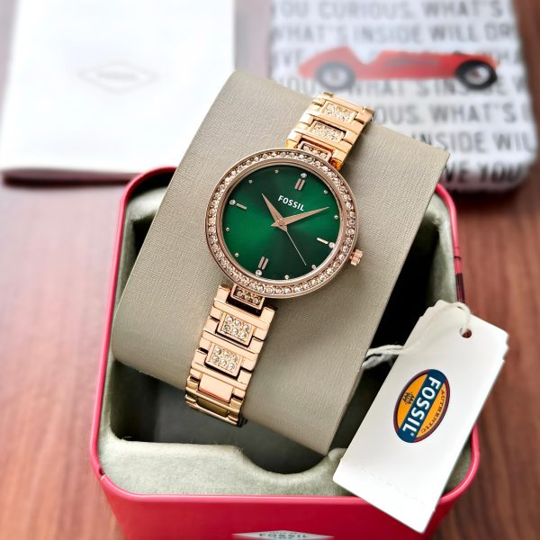 Fossil Karli BQ3337 Emerald Green First Copy Watch rose gold diamond bracelet green dial