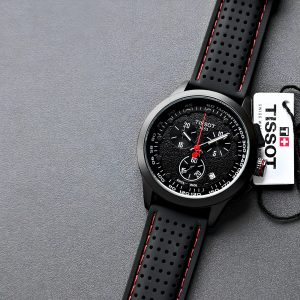 Tissot T-Race Vuelta Chronograph First Copy Watch black dial red stitch silicon strap racing style