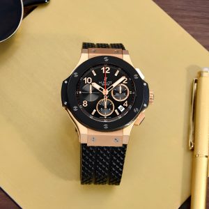 Hublot Big Bang Rose Gold Chronograph First Copy Watch black dial gold case silicon strap