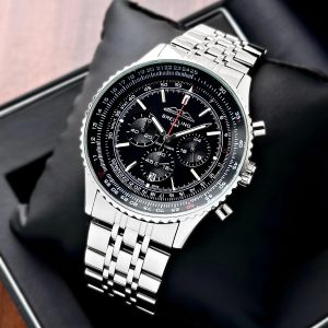Breitling Navitimer Chronograph First Copy Watch black dial steel bracelet aviation premium box