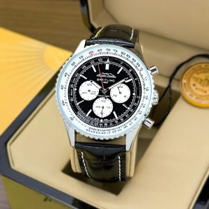 Breitling Navitimer Black Leather First Copy Chronograph Watch steel case black dial white subdials pilot strap