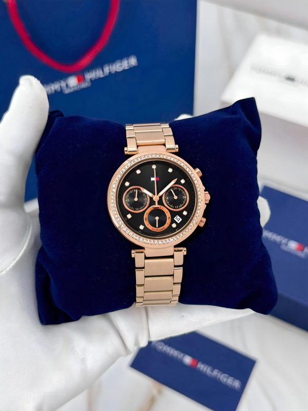 Tommy Hilfiger Drop 2 Rose Gold Chronograph Ladies First Copy Watch diamond bezel multi-dial bracelet box