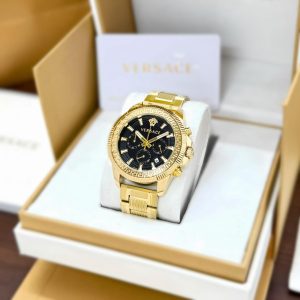 Versace Greca Chronograph Gold First Copy Watch gold steel case black dial Greca bezel medusa