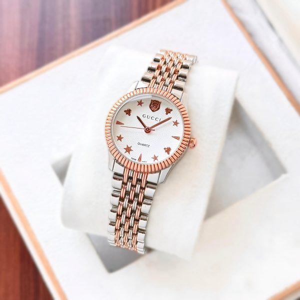 Gucci women rose gold silver dial watch 32mm dual tone metal bracelet patent dial Martify India