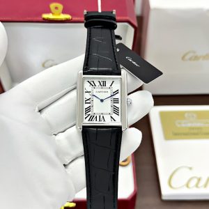 Cartier Tank Louis Men’s Silver Dial First Copy Watch with Black Leather Strap