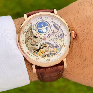 Patek Philippe Men’s Dual Time Tourbillon Watch with Skeleton Dial and Brown Leather Strap