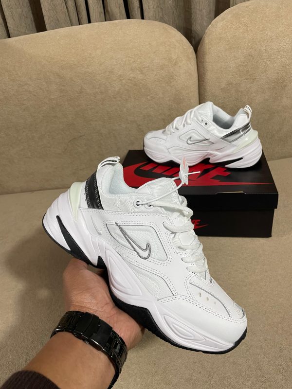 Nike M2K Tekno White Black First Copy Shoes chunky white sneakers black sole side view premium copy shoes Martify COD