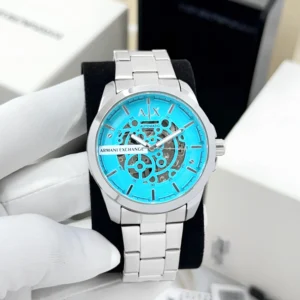 Armani Exchange Tiffany Blue Skeleton first copy Watch front view AX Hampton automatic skeleton blue dial watch for men Armani Exchange blue skeleton dial stainless steel watch first copy Tiffany blue skeleton watch for men Armani Exchange style
