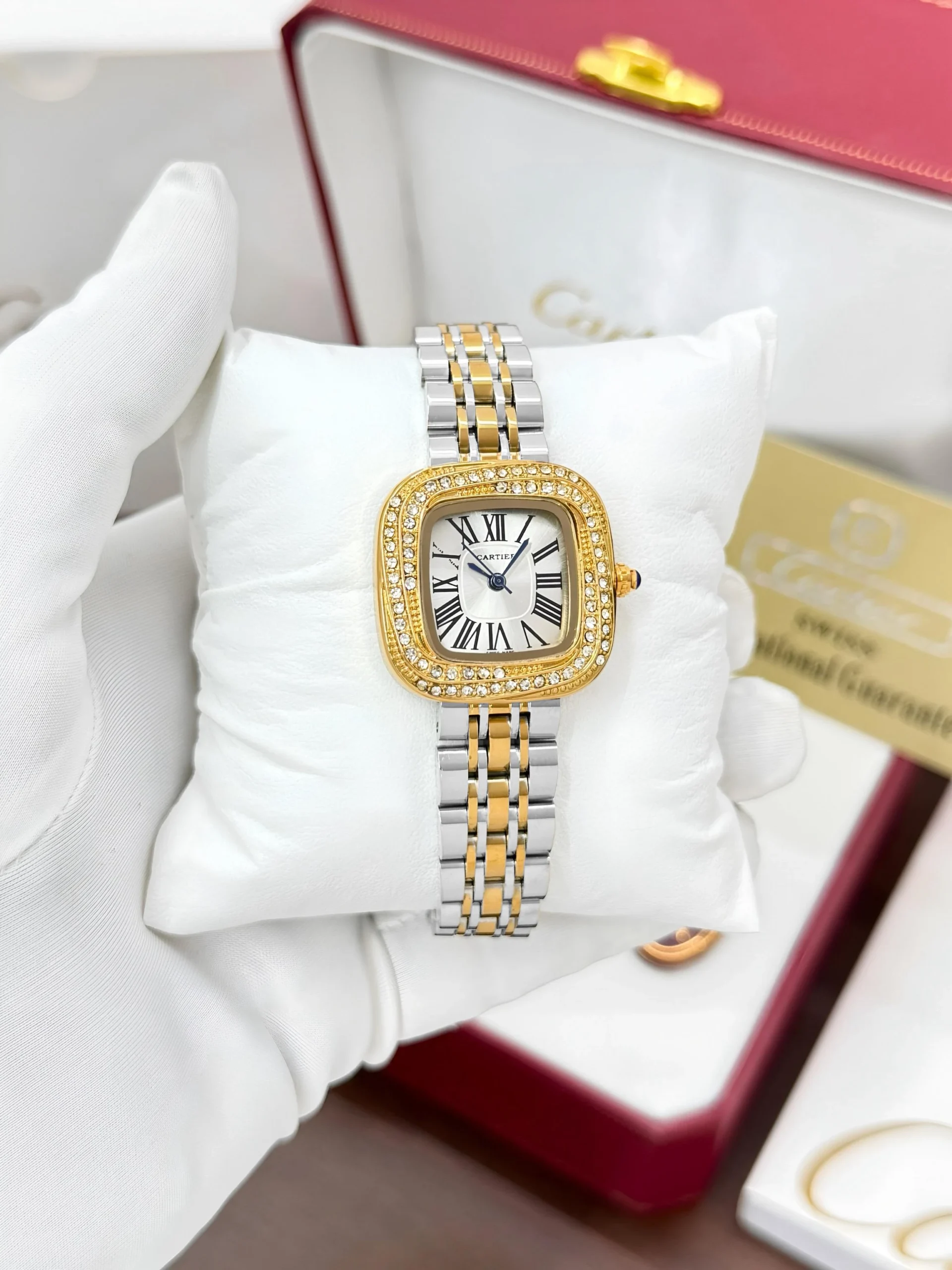 Cartier Panthere square dial two tone diamond bezel Watch