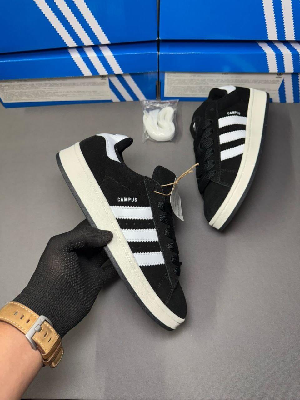 Premium Adidas Originals Campus 00s Black First Copy Shoes with white stripes and box background – Martify