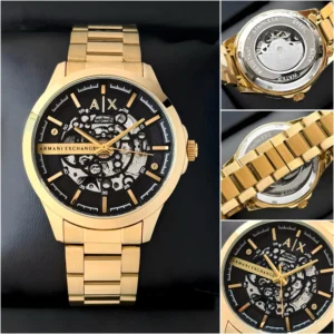 Armani Exchange Hampton Automatic Skeleton Black Gold first copy Watch for Men